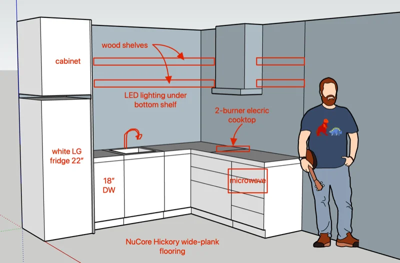 A kitchen sketch marked up in red with notes for cabinets, shelves, and appliances