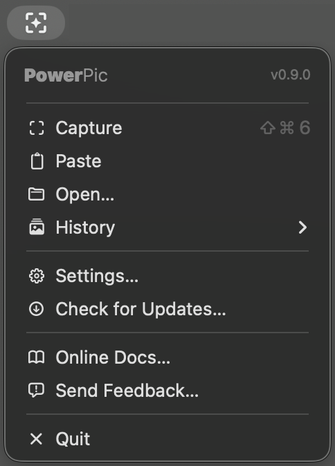 PowerPic's menu bar app menu