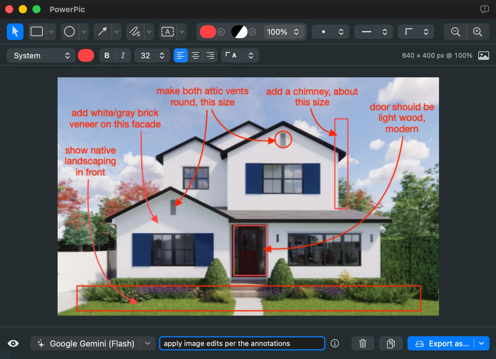PowerPic editor with a house photo annotated with AI instructions — arrows and notes like 'add a chimney' and 'make both attic vents round'